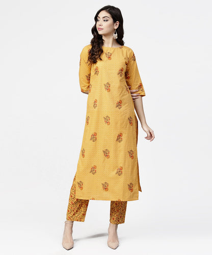 Women's Yellow 3/4Th Sleeve Cotton Kurta With Ankle Length Printed Pallazo