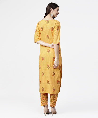 Women's Yellow 3/4Th Sleeve Cotton Kurta With Ankle Length Printed Pallazo