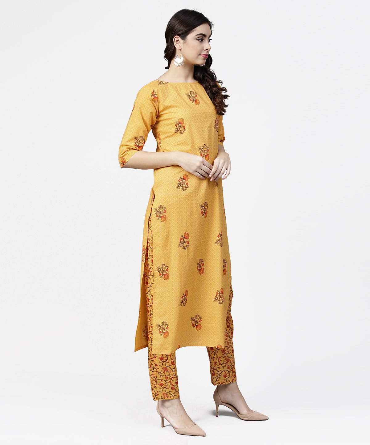Women's Yellow 3/4Th Sleeve Cotton Kurta With Ankle Length Printed Pallazo
