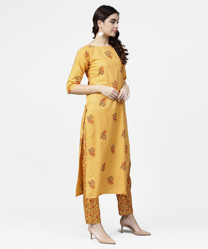 Women's Yellow 3/4Th Sleeve Cotton Kurta With Ankle Length Printed Pallazo