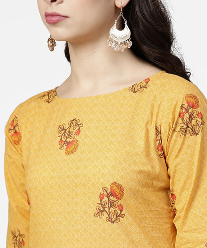 Women's Yellow 3/4Th Sleeve Cotton Kurta With Ankle Length Printed Pallazo