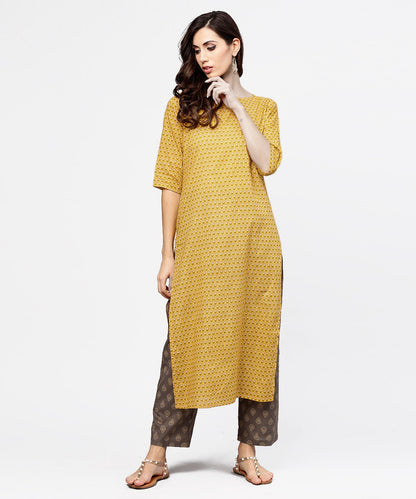 Women's Yellow 3/4Th Sleeve Cotton Kurta With Grey Printed Pallazo