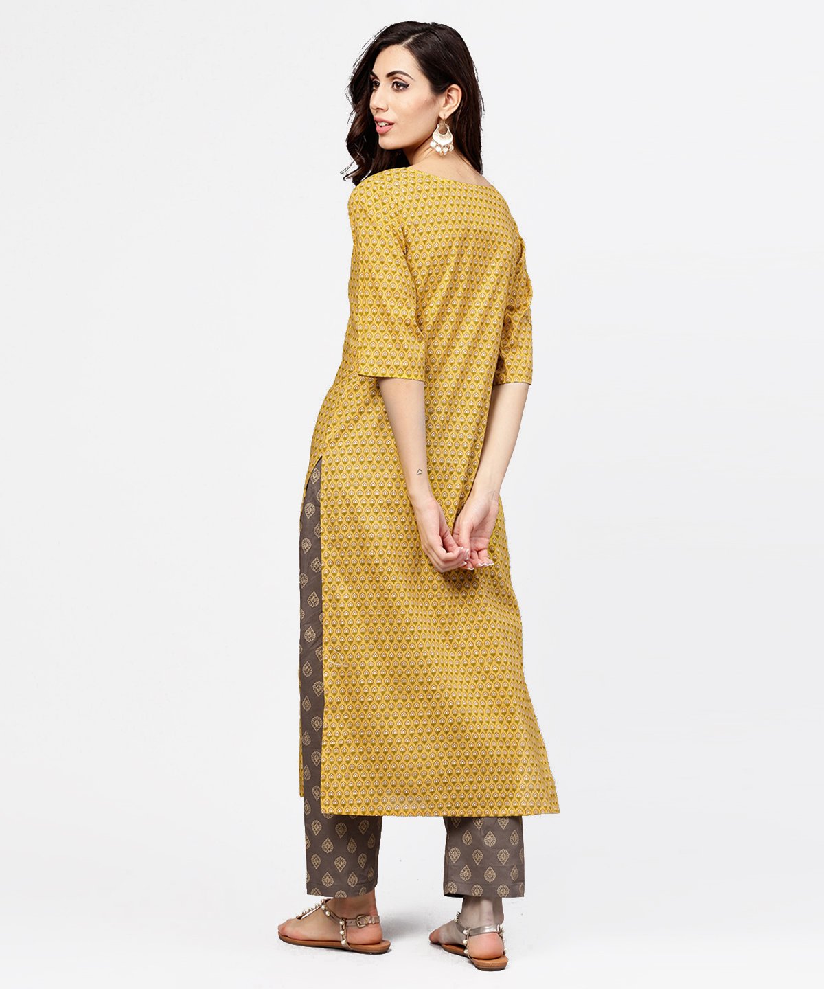 Women's Yellow 3/4Th Sleeve Cotton Kurta With Grey Printed Pallazo