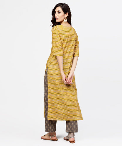 Women's Yellow 3/4Th Sleeve Cotton Kurta With Grey Printed Pallazo