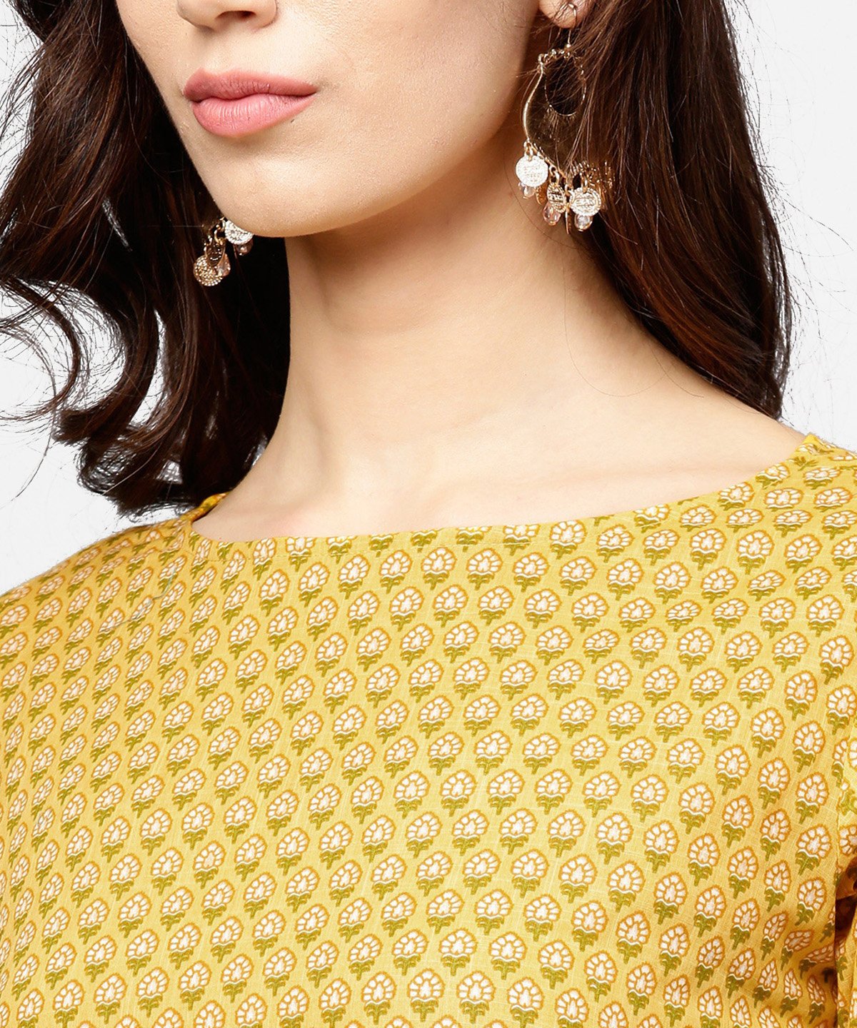 Women's Yellow 3/4Th Sleeve Cotton Kurta With Grey Printed Pallazo