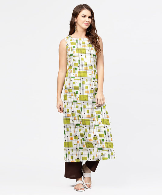 Women's Off White & Green Printed Sleeveless Cotton Kurta With Coffee Ankle Length Pallazo