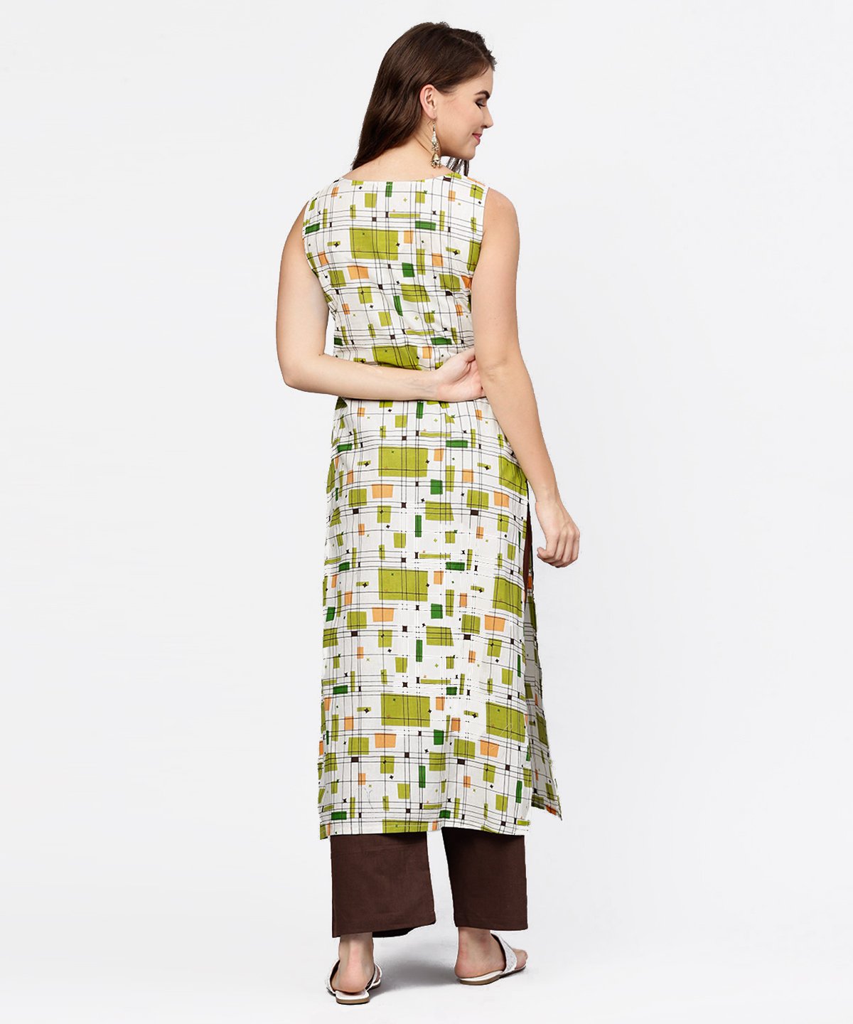 Women's Off White & Green Printed Sleeveless Cotton Kurta With Coffee Ankle Length Pallazo