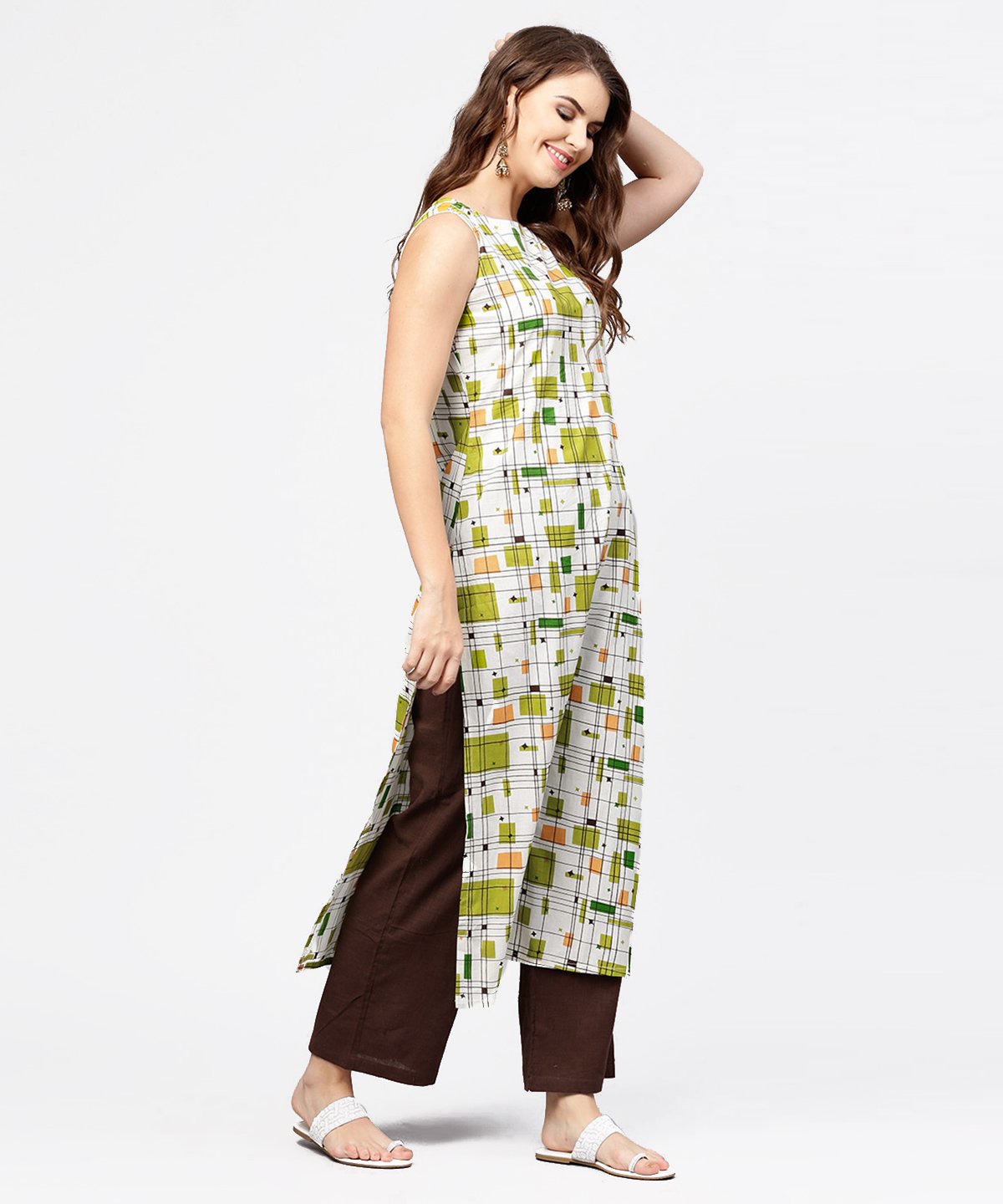 Women's Off White & Green Printed Sleeveless Cotton Kurta With Coffee Ankle Length Pallazo