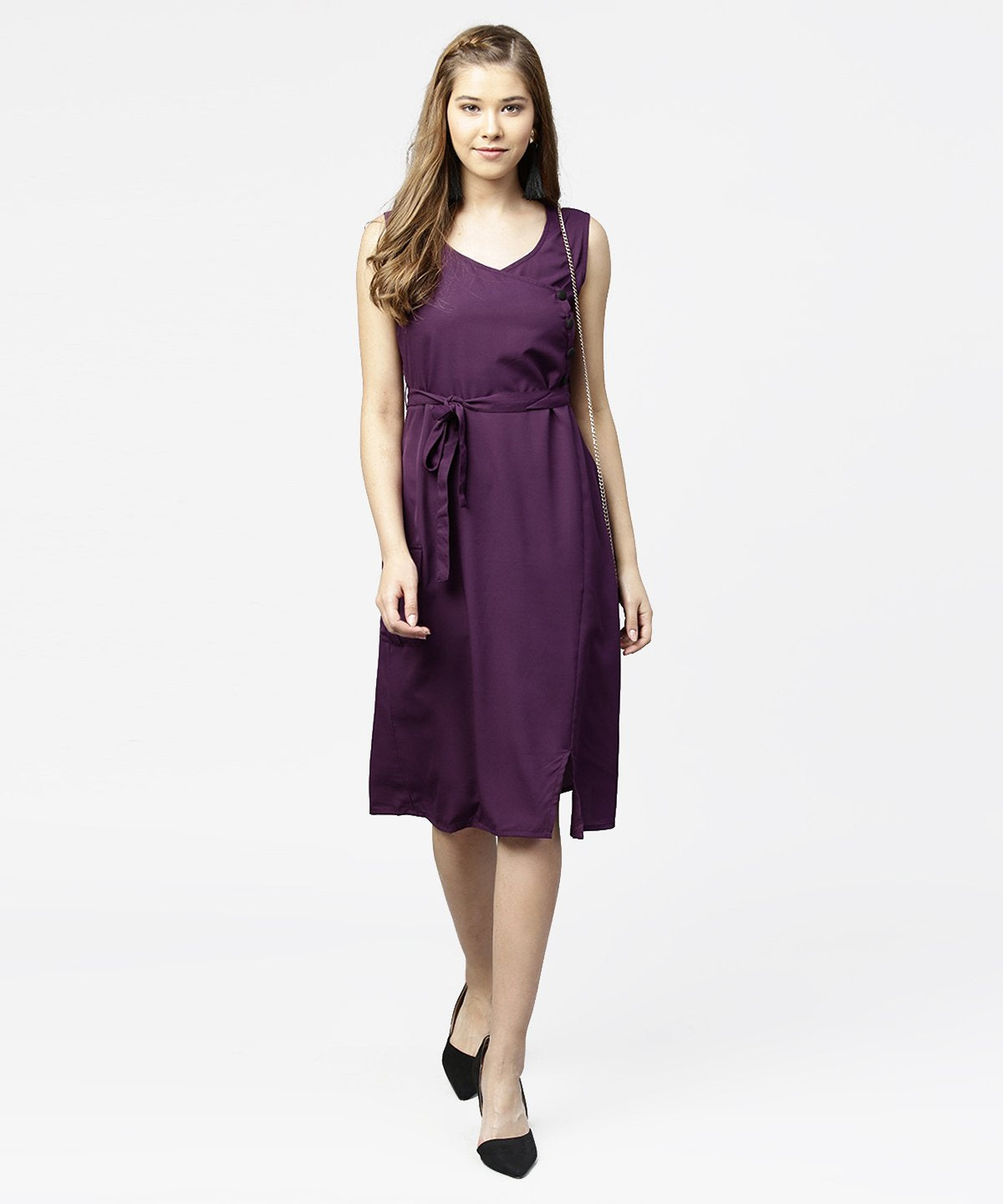 Women's Purple Sleeveless A-Line Dress With Belt