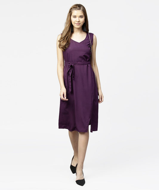 Women's Purple Sleeveless A-Line Dress With Belt