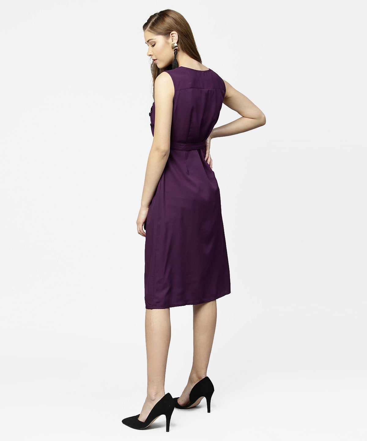 Women's Purple Sleeveless A-Line Dress With Belt