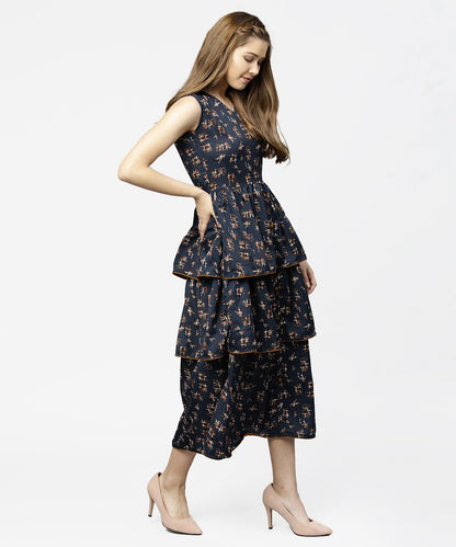 Women's Blue Sleeveless Crepe Printed Multi Layred Maxi Dress