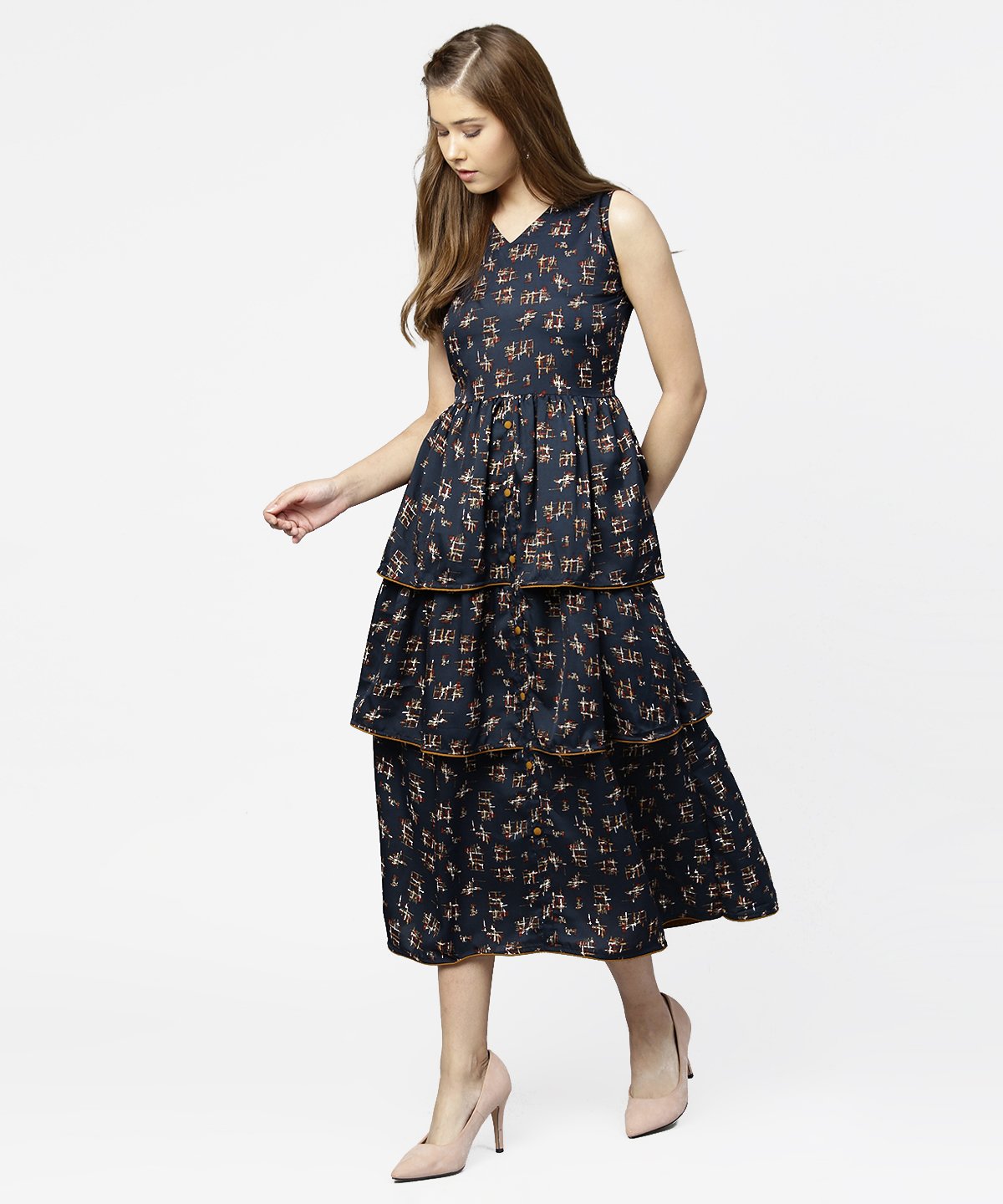 Women's Blue Sleeveless Crepe Printed Multi Layred Maxi Dress