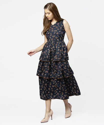 Women's Blue Sleeveless Crepe Printed Multi Layred Maxi Dress