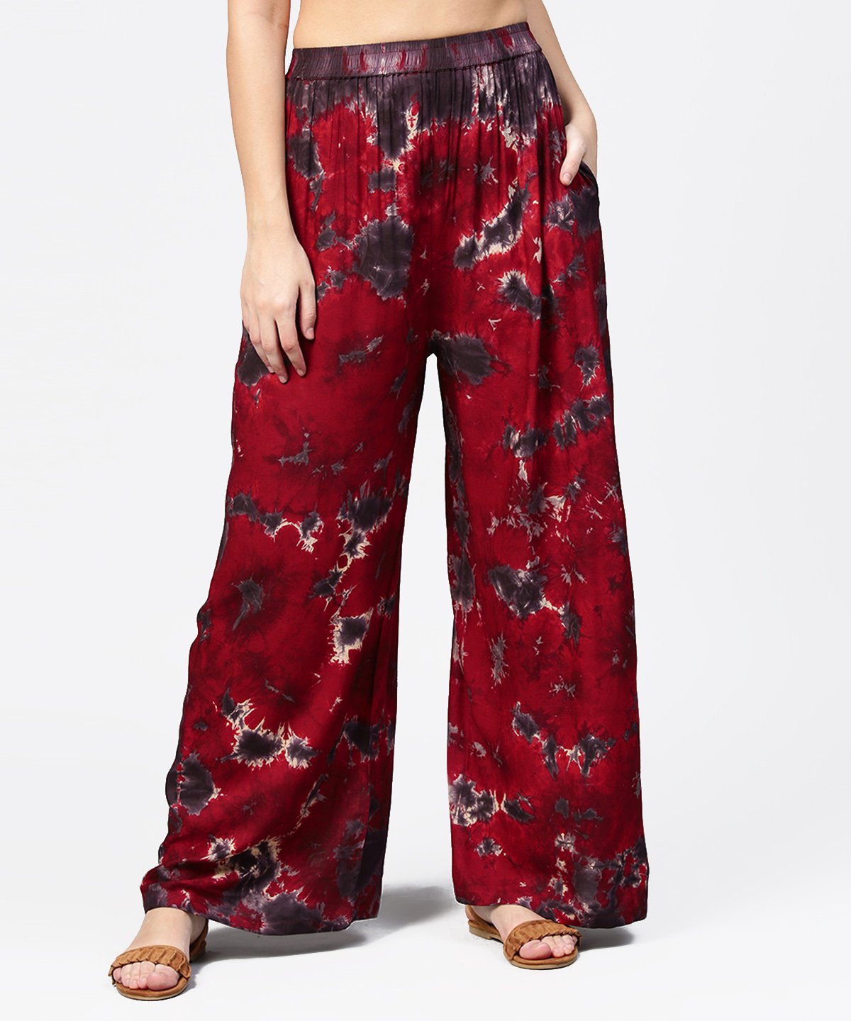 Women's Red Tye Dye Ankle Length Flared Palazzo
