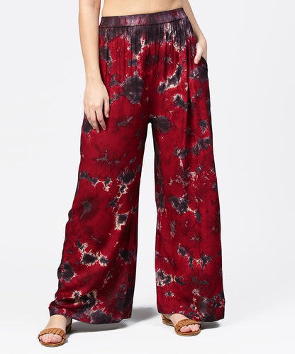 Women's Red Tye Dye Ankle Length Flared Palazzo