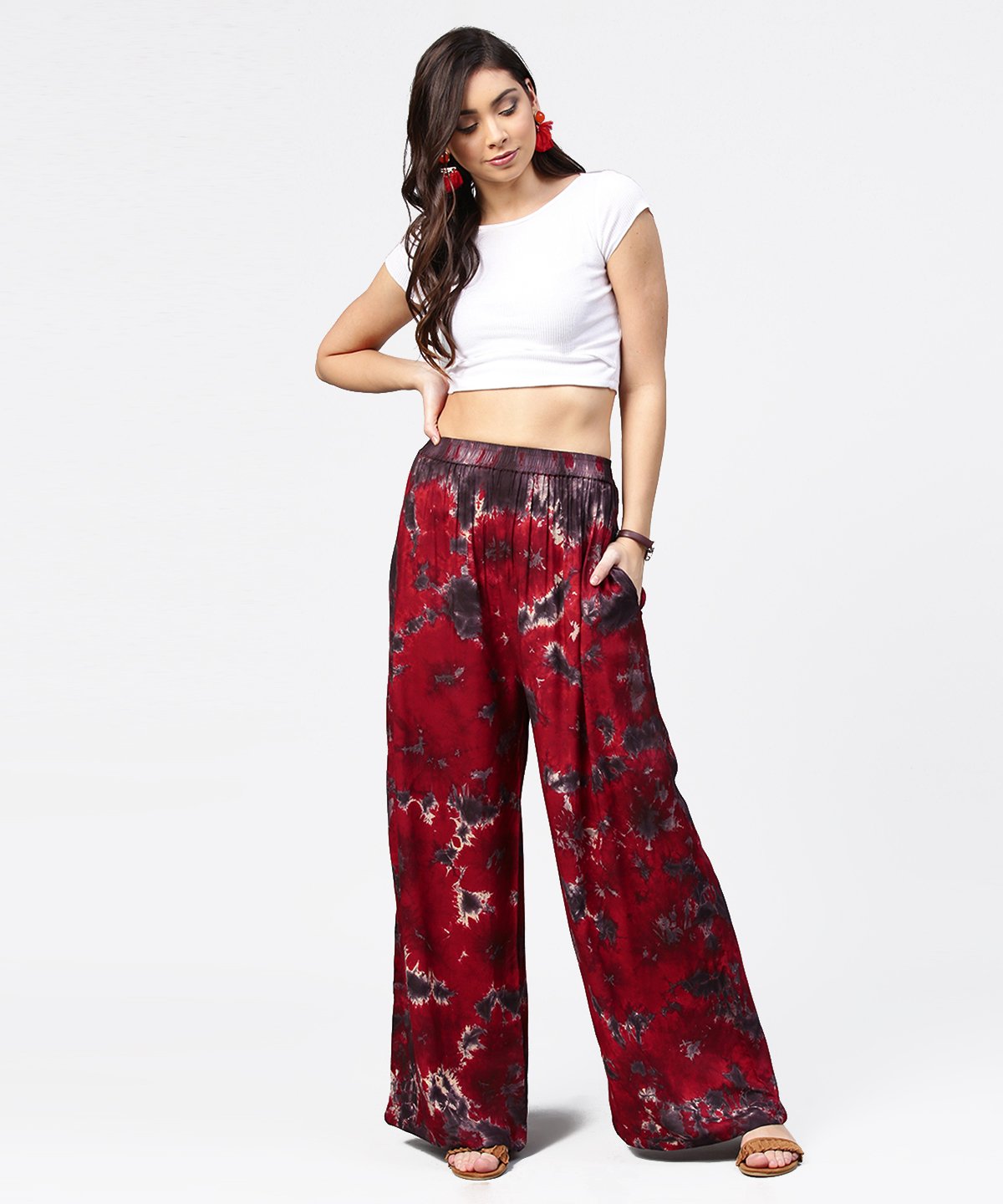 Women's Red Tye Dye Ankle Length Flared Palazzo