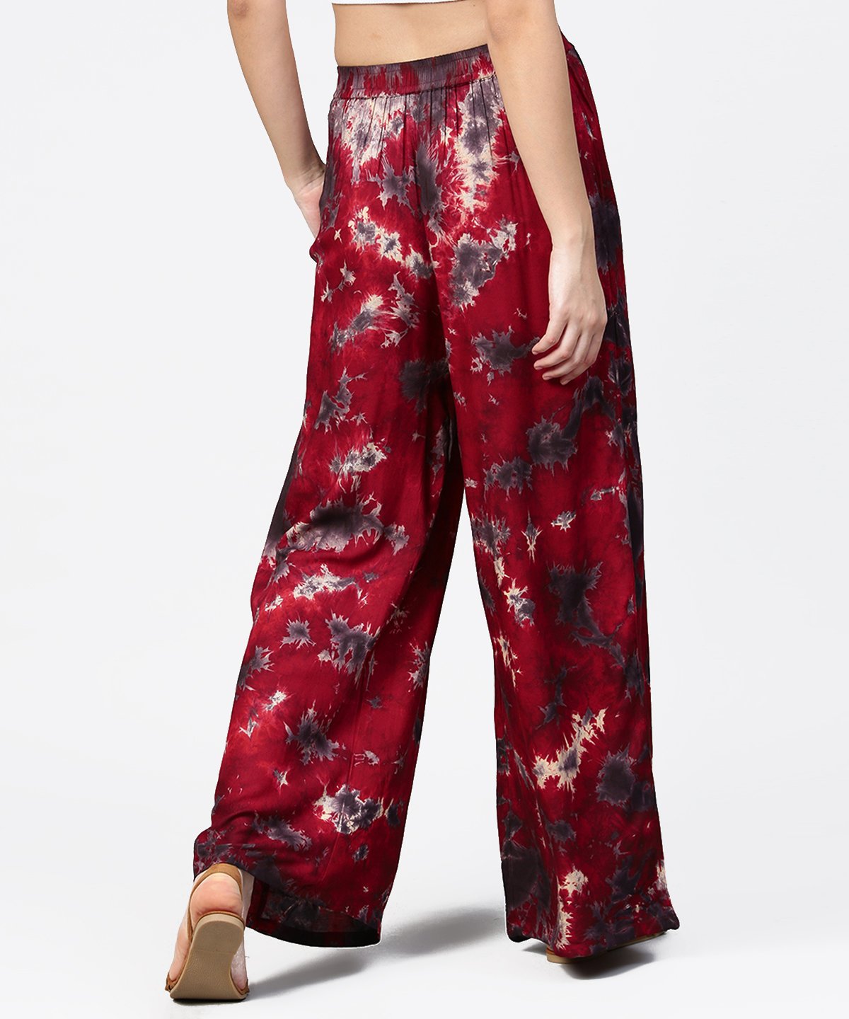 Women's Red Tye Dye Ankle Length Flared Palazzo