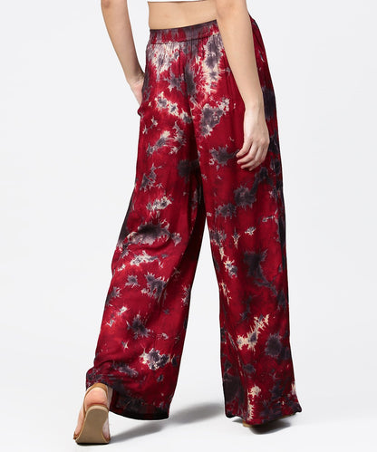 Women's Red Tye Dye Ankle Length Flared Palazzo