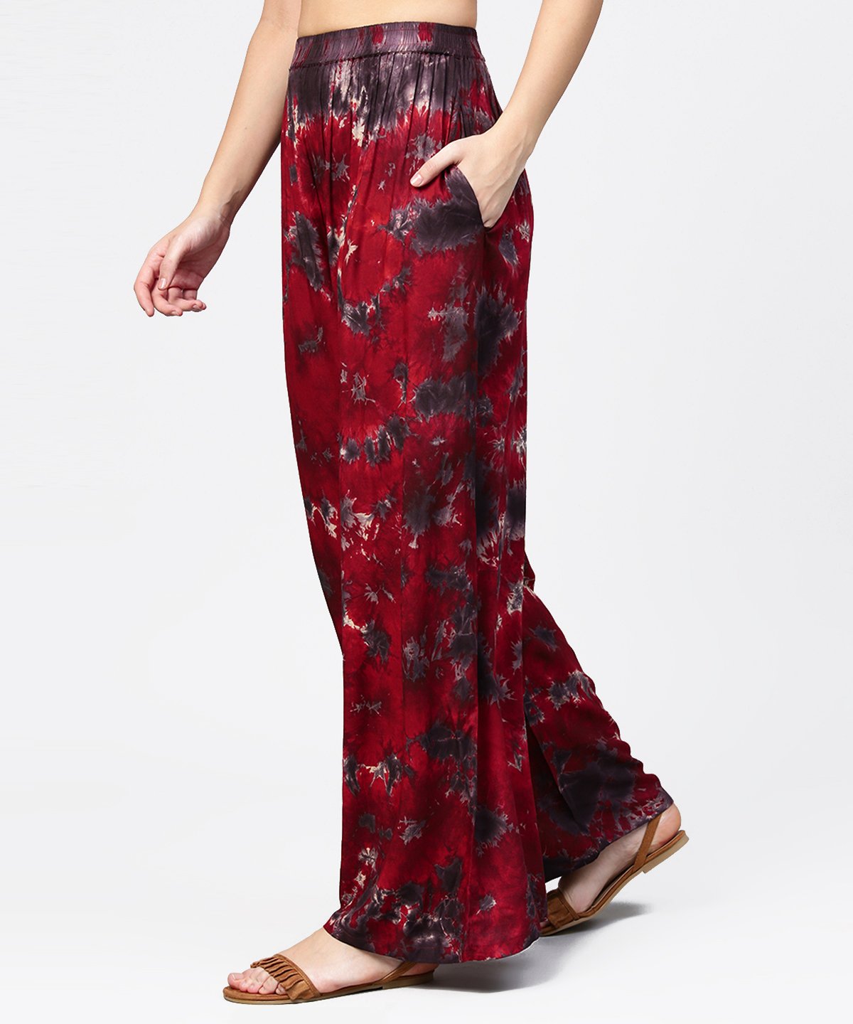 Women's Red Tye Dye Ankle Length Flared Palazzo