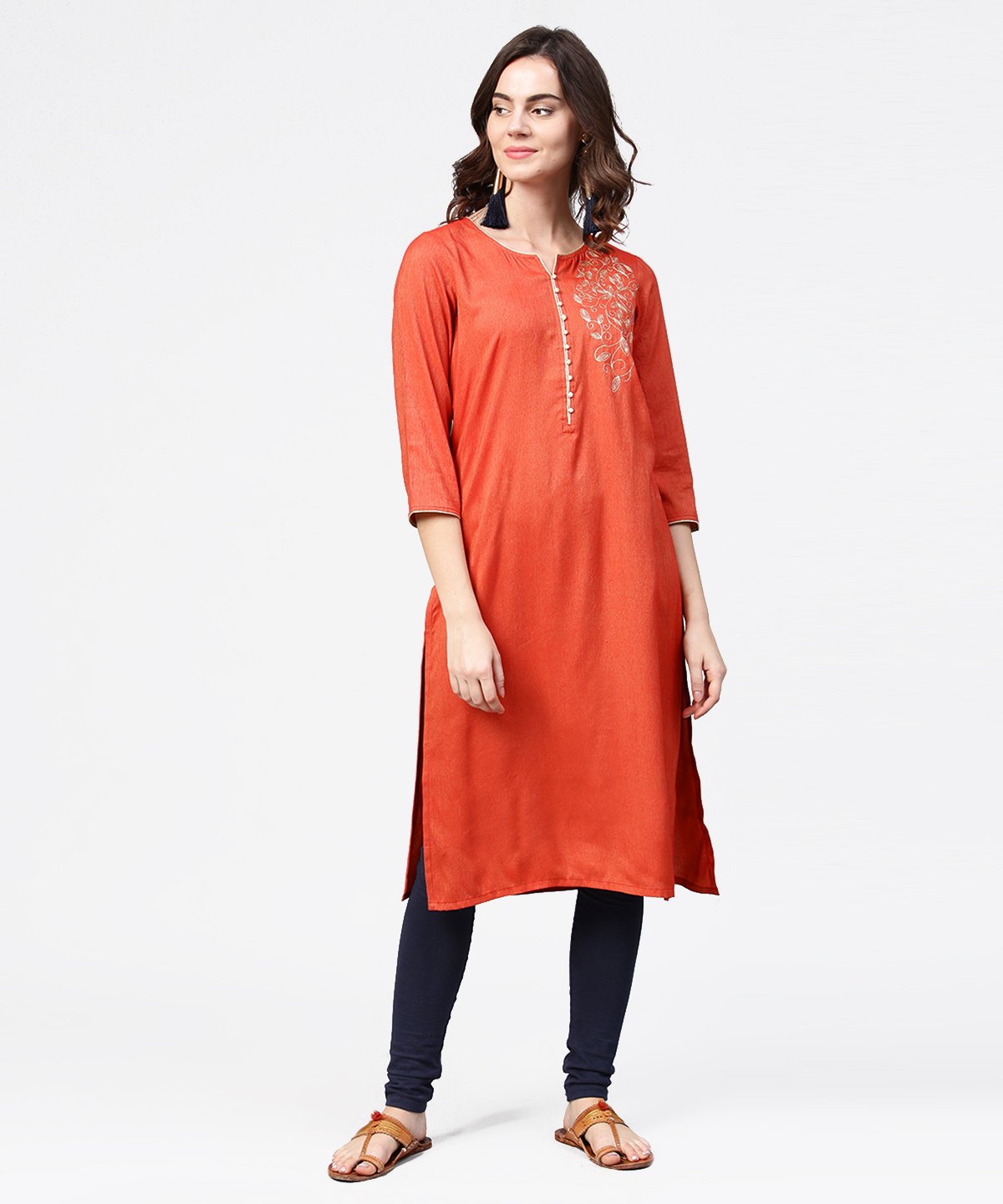 Women's Peach Embroidery 3/4Th Sleeve Rayon Kurta