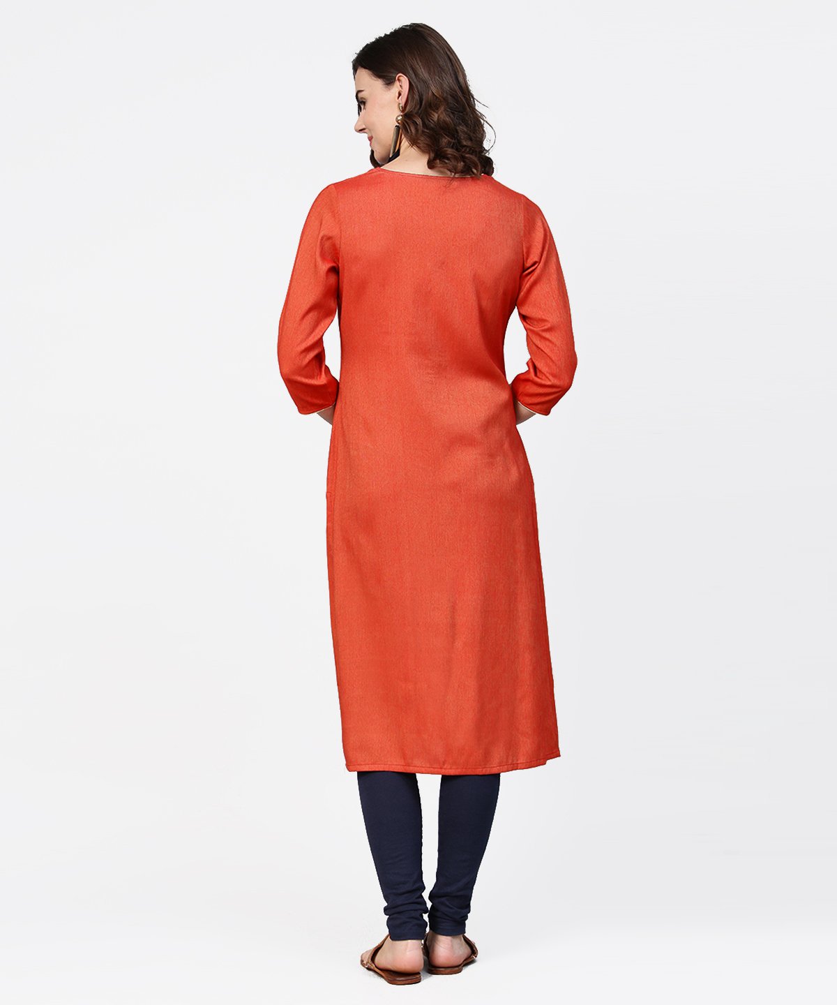 Women's Peach Embroidery 3/4Th Sleeve Rayon Kurta
