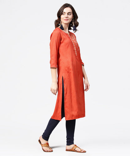 Women's Peach Embroidery 3/4Th Sleeve Rayon Kurta