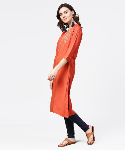 Women's Peach Embroidery 3/4Th Sleeve Rayon Kurta