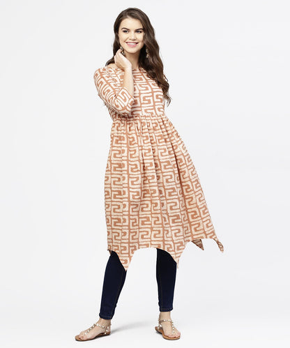 Women's Peach Printed 3/4Th Sleeve Cotton Anarkali Kurta