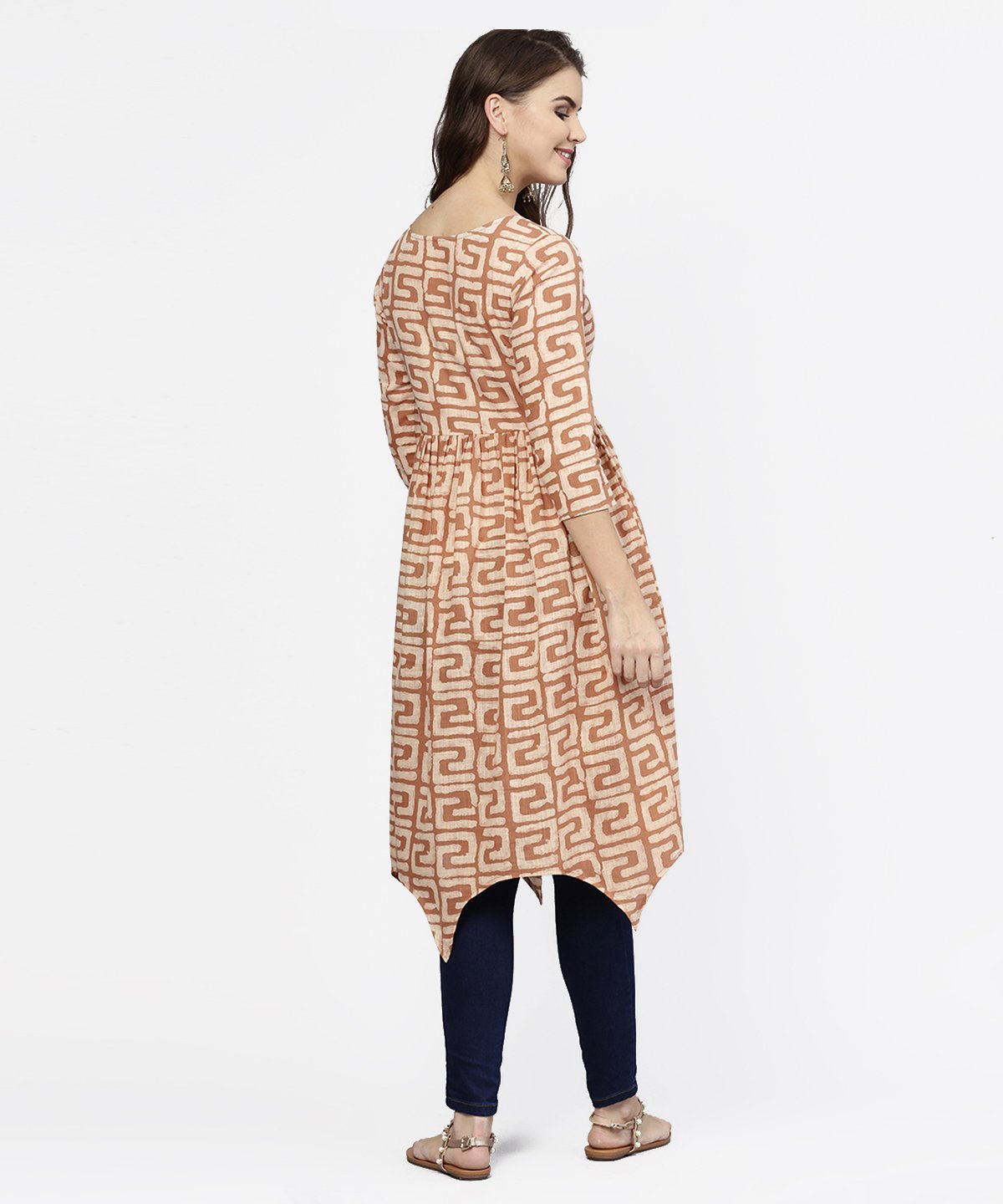 Women's Peach Printed 3/4Th Sleeve Cotton Anarkali Kurta