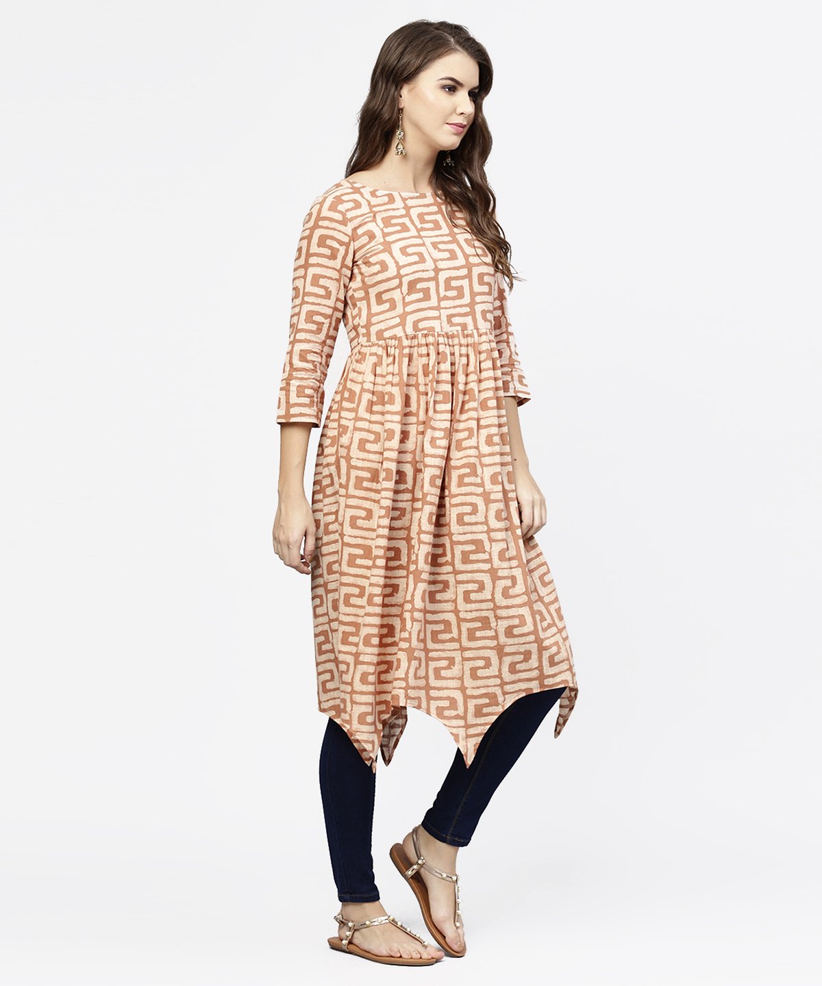 Women's Peach Printed 3/4Th Sleeve Cotton Anarkali Kurta