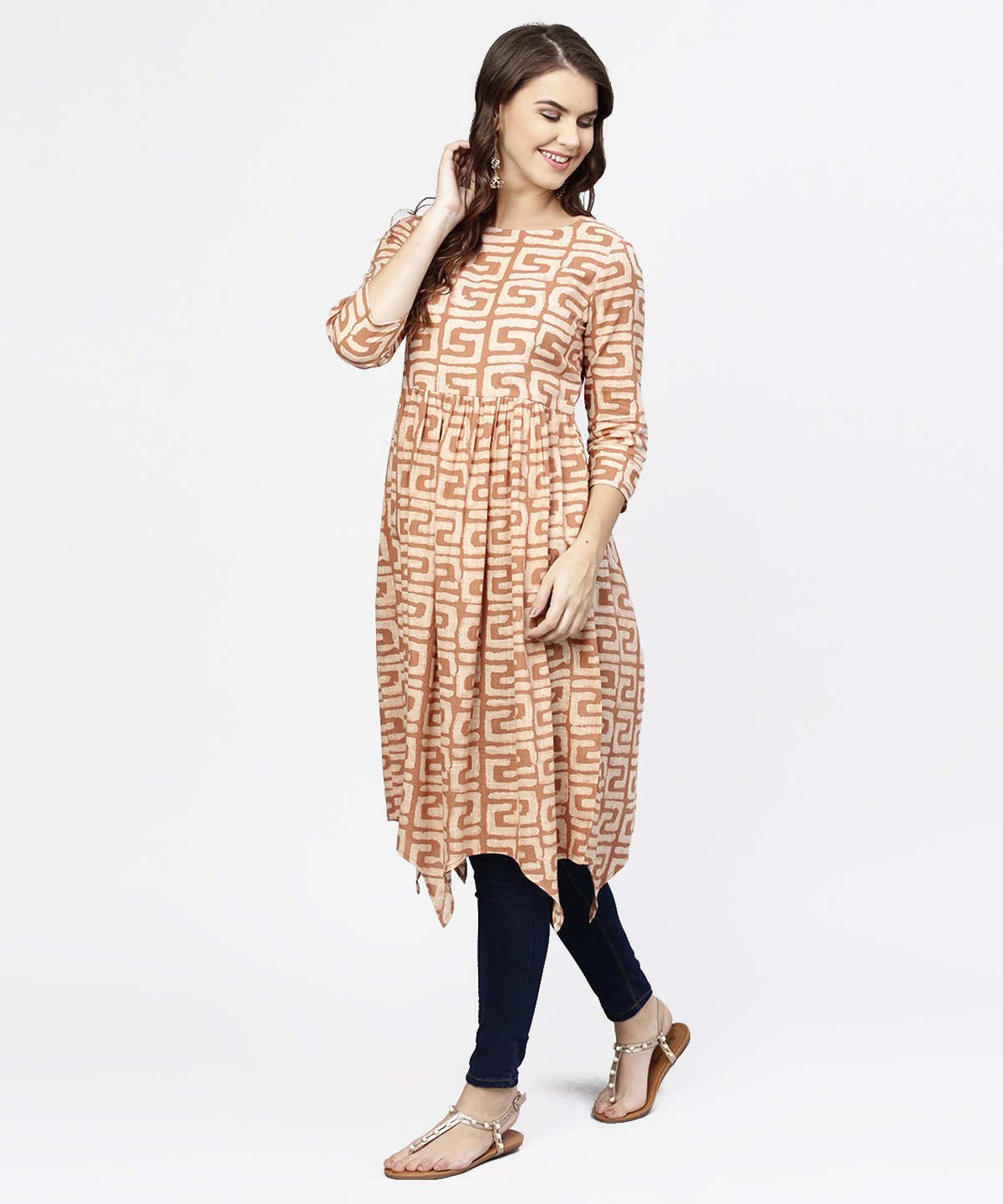Women's Peach Printed 3/4Th Sleeve Cotton Anarkali Kurta
