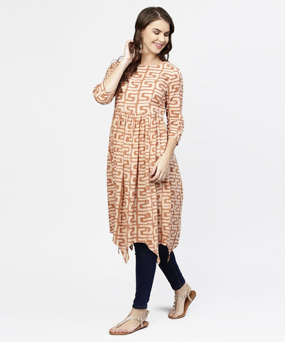 Women's Peach Printed 3/4Th Sleeve Cotton Anarkali Kurta