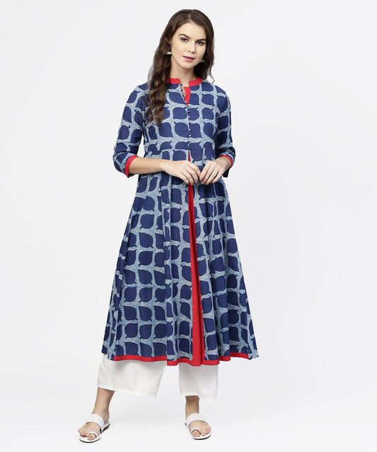 Women's Blue Printed 3/4Th Sleeve Cotton Anarkali Kurta