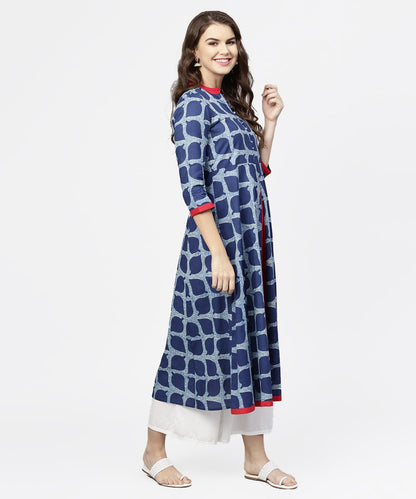 Women's Blue Printed 3/4Th Sleeve Cotton Anarkali Kurta
