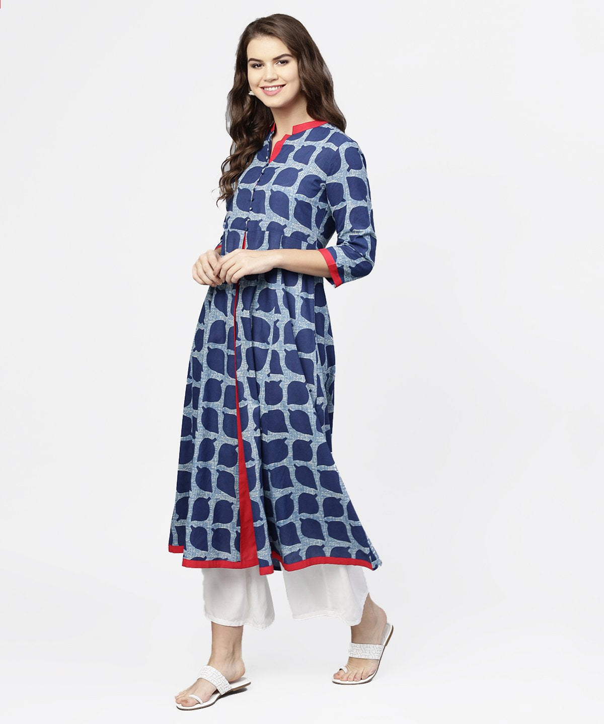 Women's Blue Printed 3/4Th Sleeve Cotton Anarkali Kurta