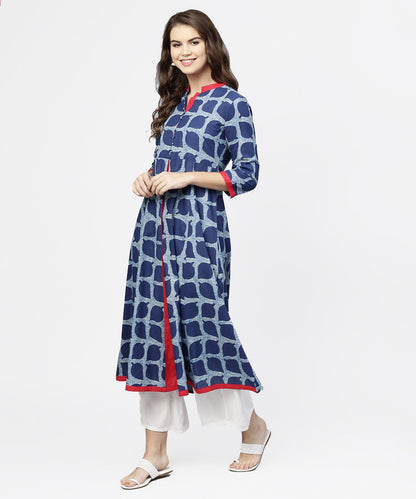 Women's Blue Printed 3/4Th Sleeve Cotton Anarkali Kurta