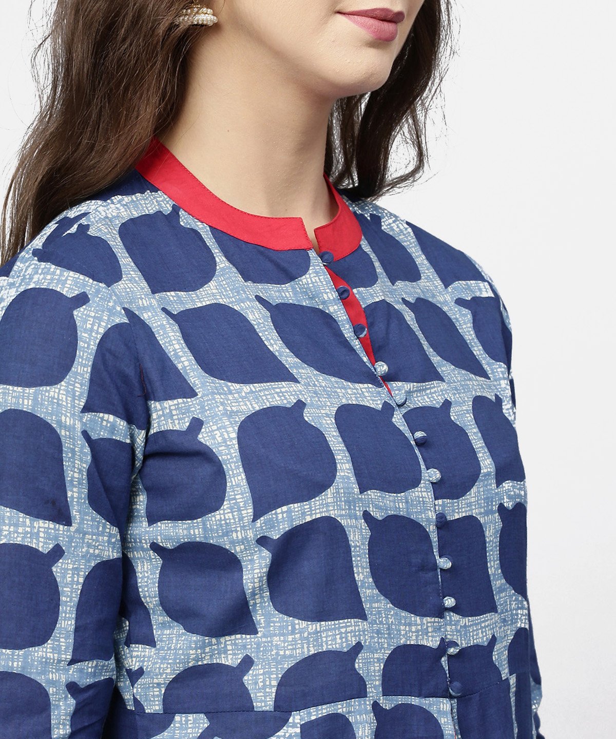 Women's Blue Printed 3/4Th Sleeve Cotton Anarkali Kurta