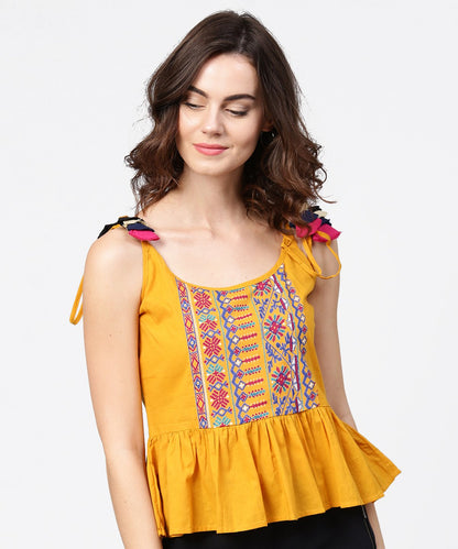 Women's Yellow Yoke Design Cotton Tops With Dori Work At Shoulder