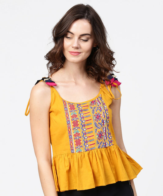 Women's Yellow Yoke Design Cotton Tops With Dori Work At Shoulder