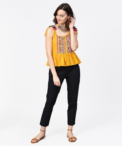 Women's Yellow Yoke Design Cotton Tops With Dori Work At Shoulder