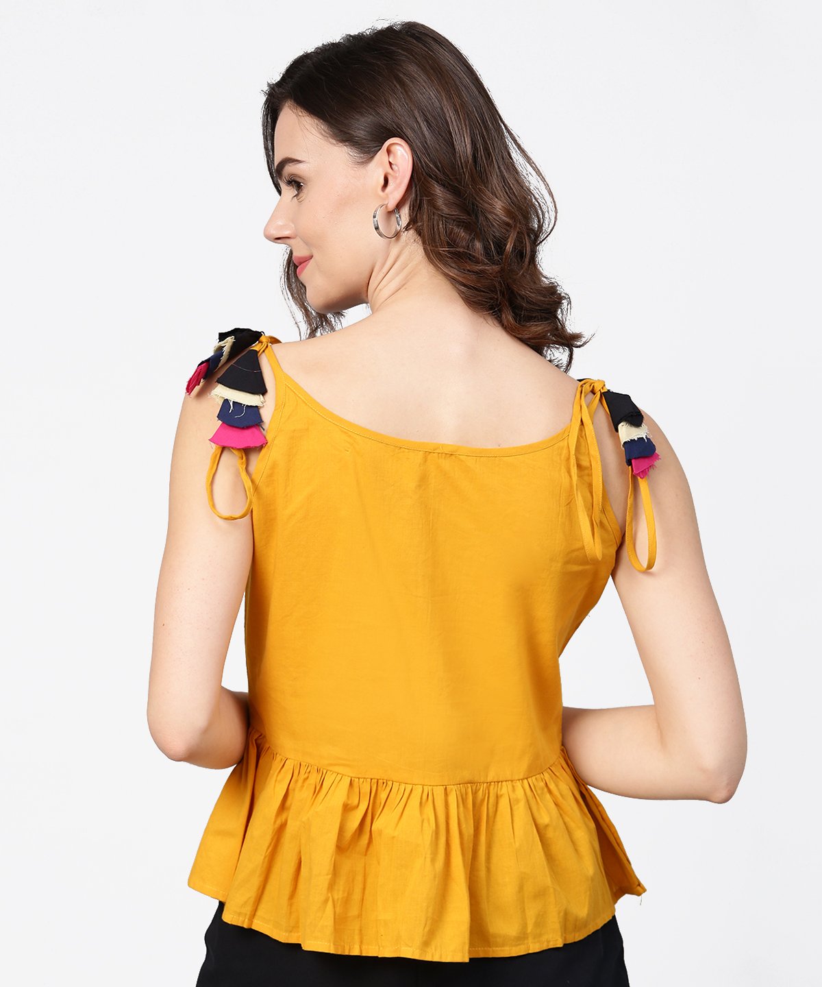 Women's Yellow Yoke Design Cotton Tops With Dori Work At Shoulder