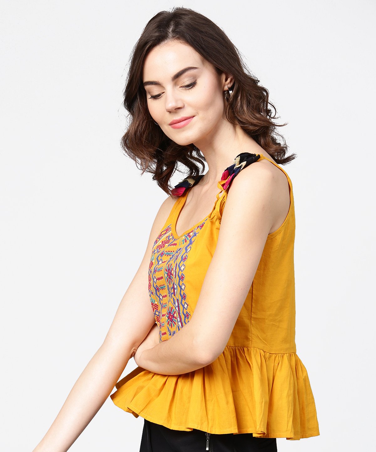 Women's Yellow Yoke Design Cotton Tops With Dori Work At Shoulder