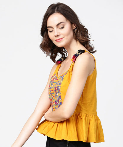 Women's Yellow Yoke Design Cotton Tops With Dori Work At Shoulder