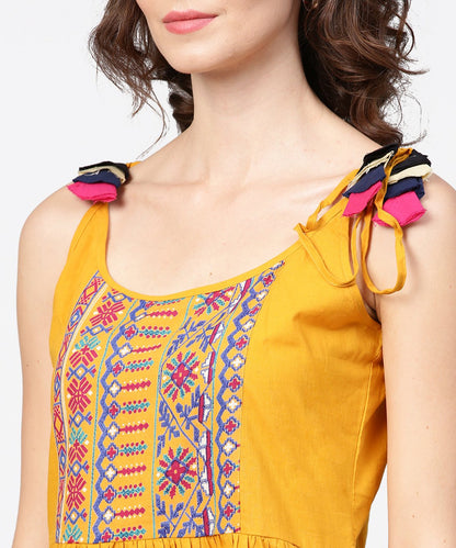 Women's Yellow Yoke Design Cotton Tops With Dori Work At Shoulder