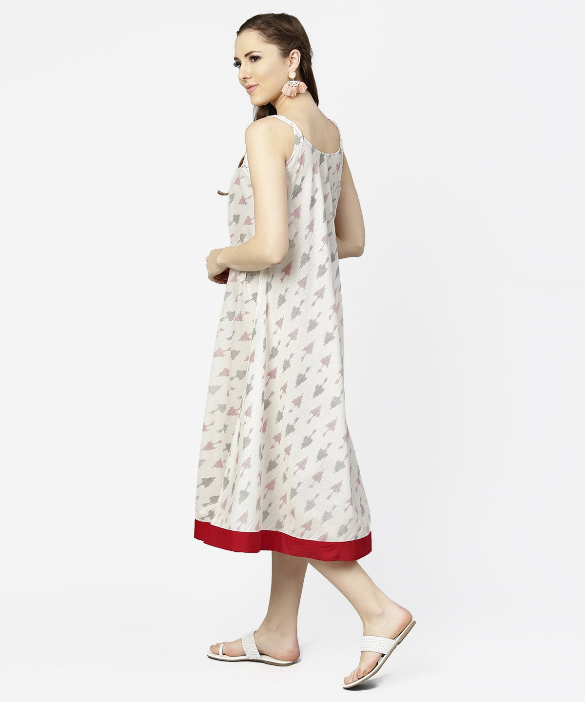 Women's Off White Printed Sleeveless Cotton A-Line Dress