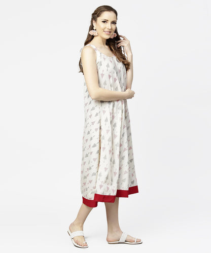Women's Off White Printed Sleeveless Cotton A-Line Dress