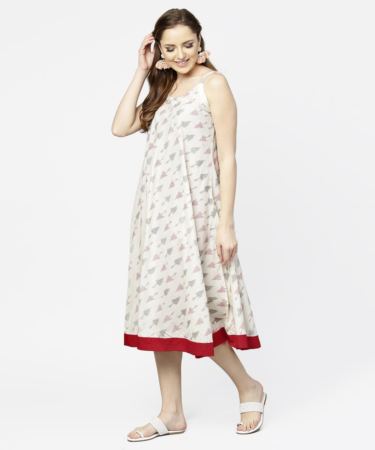 Women's Off White Printed Sleeveless Cotton A-Line Dress