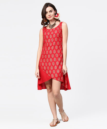 Women's Red Printed Sleeveless Cotton Low High Tunic
