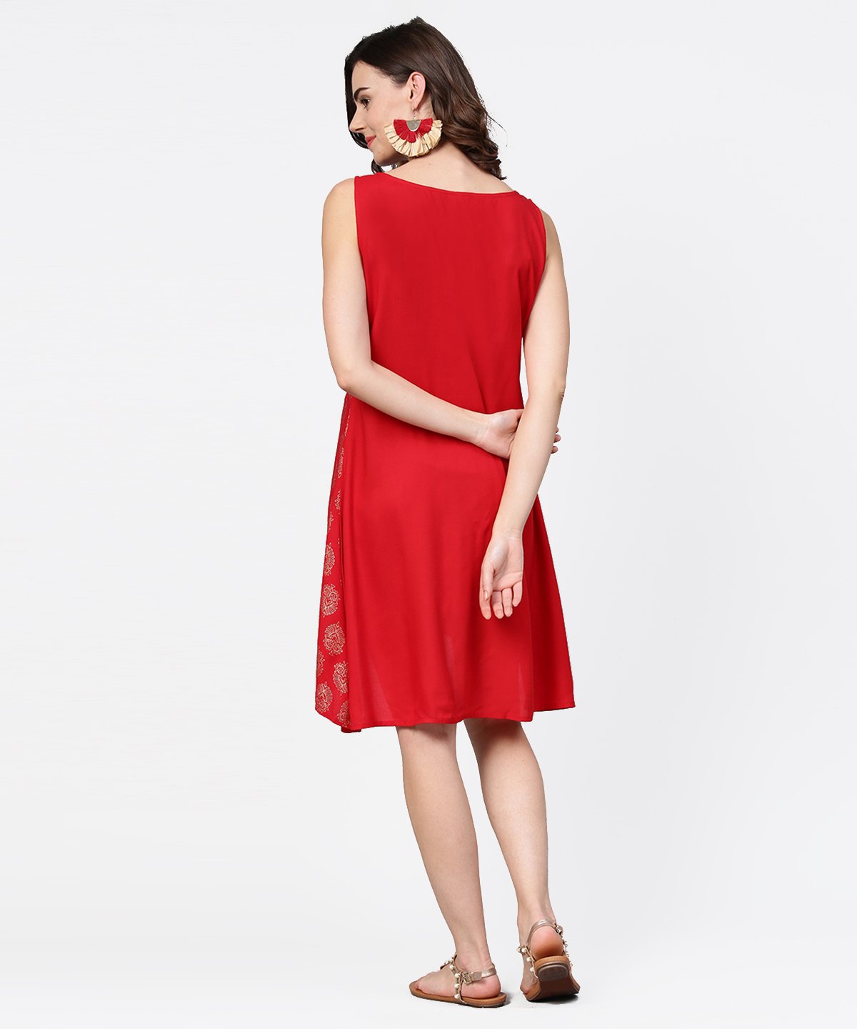 Women's Red Printed Sleeveless Cotton Low High Tunic